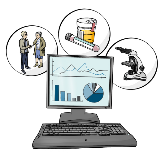 Ein Computer mit Diagrammen auf dem Bildschirm. Um den Computer herum sind drei Kreise mit Bildern: Auf einem Bild befragt ein Mann eine ältere Frau. Auf dem Zweiten Bild ist eine Urinprobe. Auf dem dritten Bild ist ein Mikroskop.