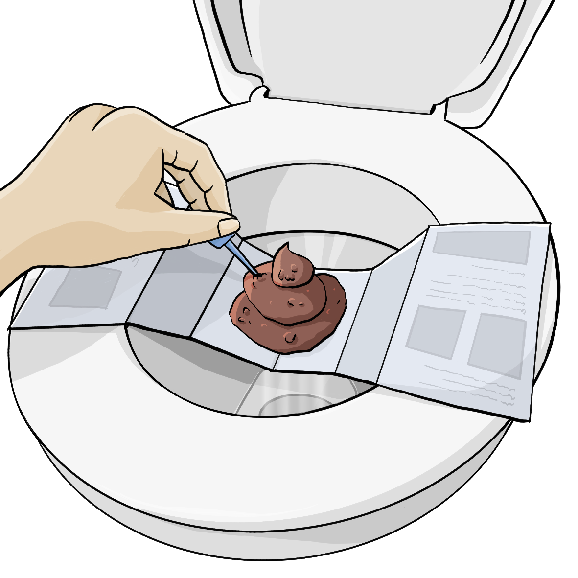 Ein Papierstreifen liegt quer über einer offenen Toilette, auf dem Streifen liegt ein Haufen Kot. Eine Hand sticht mit einem Stäbchen in den Kot.