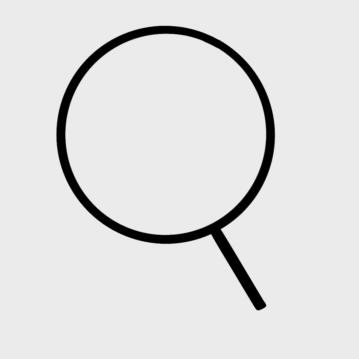 Ein vereinfachtes Lupen-Symbol: Ein kreis mit einer kurzen schwarzen Linie an der Seite auf grauem Hintergrund.