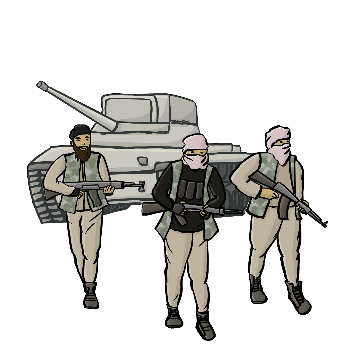 Drei Männer mit Gewehren stehen vor einem Panzer. Sie haben Tücher um Kopf und Mund gewickelt. 