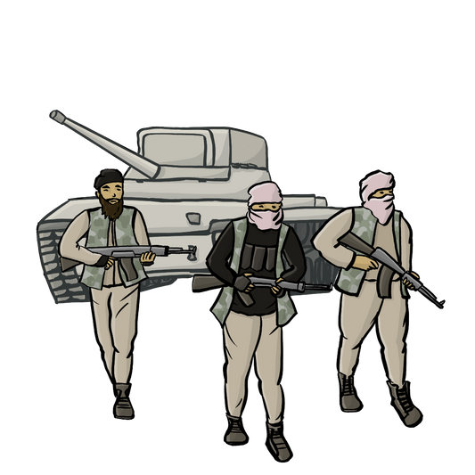 Drei Männer mit Gewehren stehen vor einem Panzer. Sie haben Tücher um Kopf und Mund gewickelt.