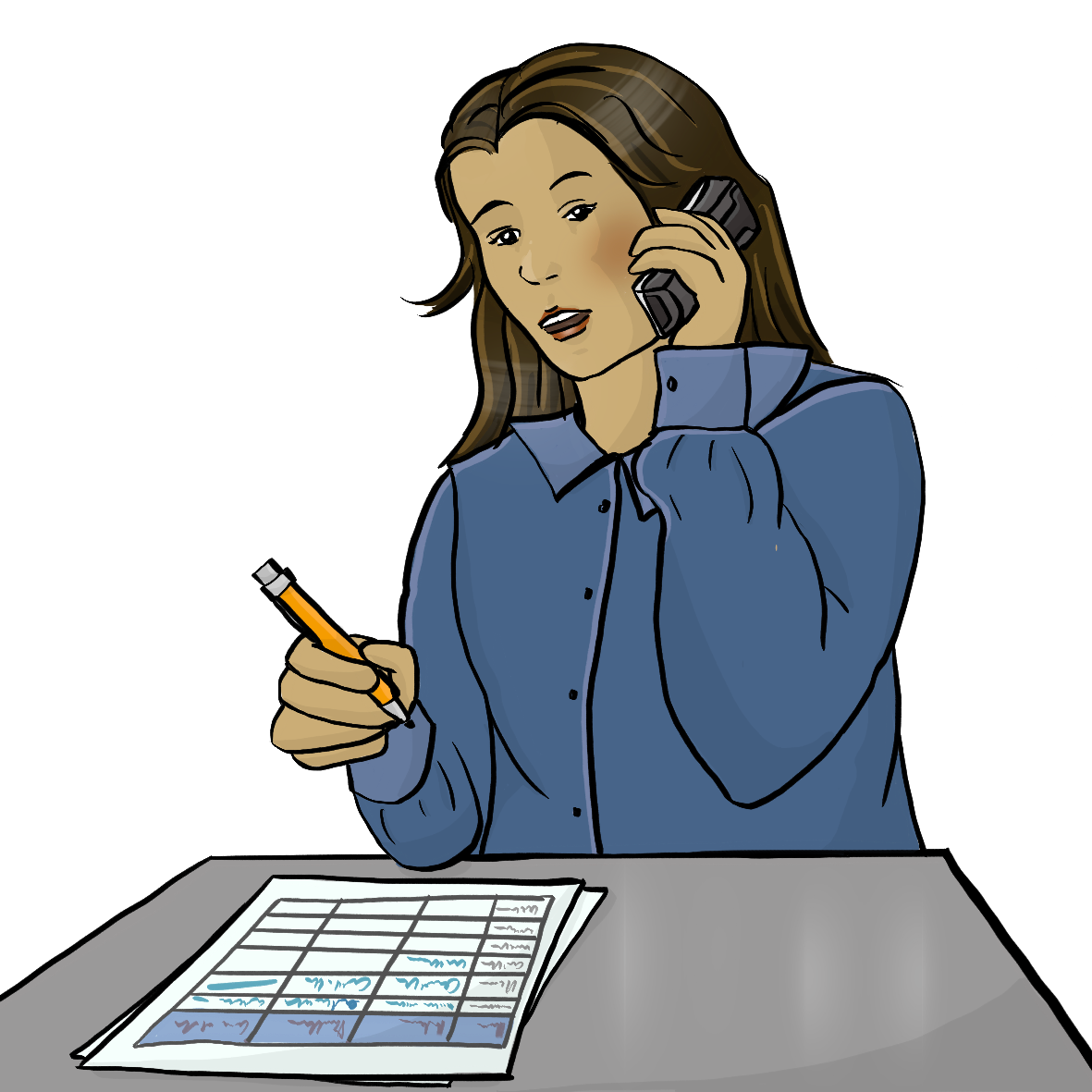 Eine Frau sitzt am Schreibtisch und hält sich einen Telefonhörer ans Ohr. Sie hält einen Stift in der Hand. Auf dem Schreibtisch liegt eine Liste.