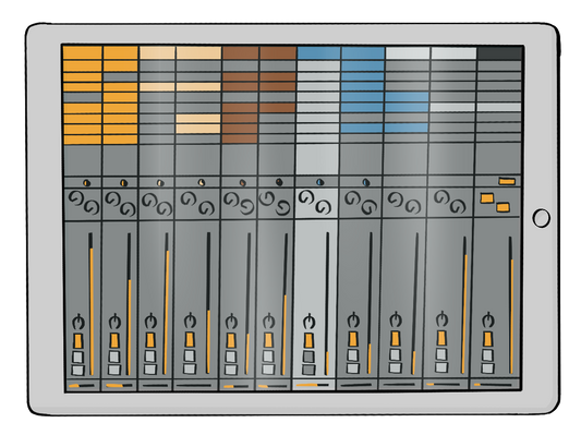 Ein Tablet. Auf dem Bildschirm sind viele Regler für verschiedene Musikspuren.
