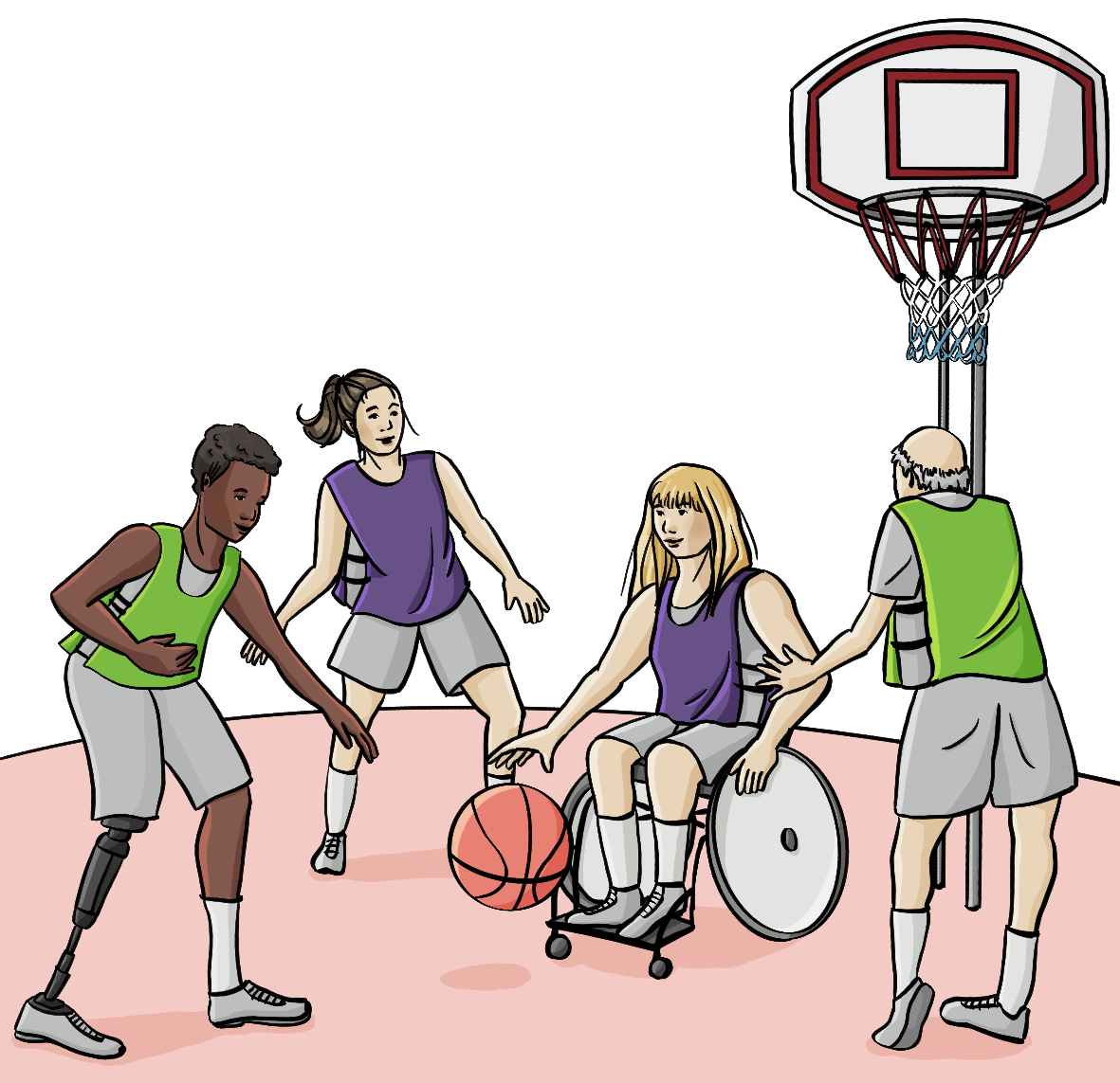 Eine Gruppe Menschen spielt Basketball: Ein junger schwarzer Mann mit Beinprothese, eine junge weißen Frau, eine Frau im Rollstuhl und ein alter Mann. Sie tragen Sporthemdchen, zwei in grün, zwei in lila.