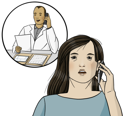 Eine Frau hält sich ein Smartphone ans Ohr. Neben dem Bild ist ein Kreis. Im Kreis ist ein Arzt. Er telefoniert und schaut auf einen Zettel. Vor ihm liegt eine Patientenakte.