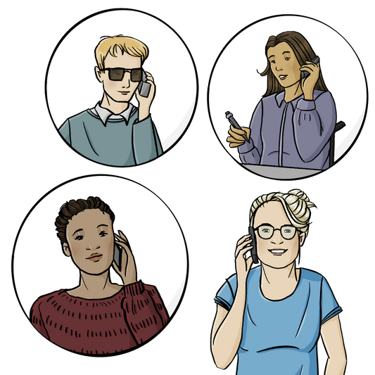 Eine Frau telefoniert. Um sie herum sind drei Kreise mit Bildern von weiteren telefonierenden Menschen.