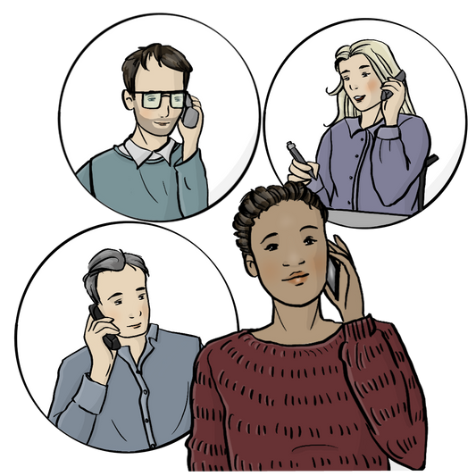 Eine Frau hält sich ein Smartphone ans Ohr. Um sie herum sind drei Kreise mit telefonierenden Menschen.