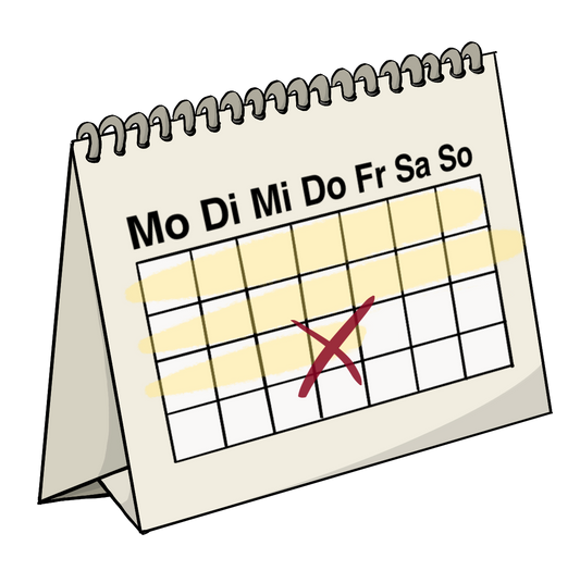 Ein Aufstellkalender mit der Aufschrift Mo Di Mi Do Fr Sa So. Darunter sind leere Kästchen. Zweieinhalb Zeilen der Kästchen sind gelb markiert, am Ende der Markierung ist ein Kästchen angekreuzt. 