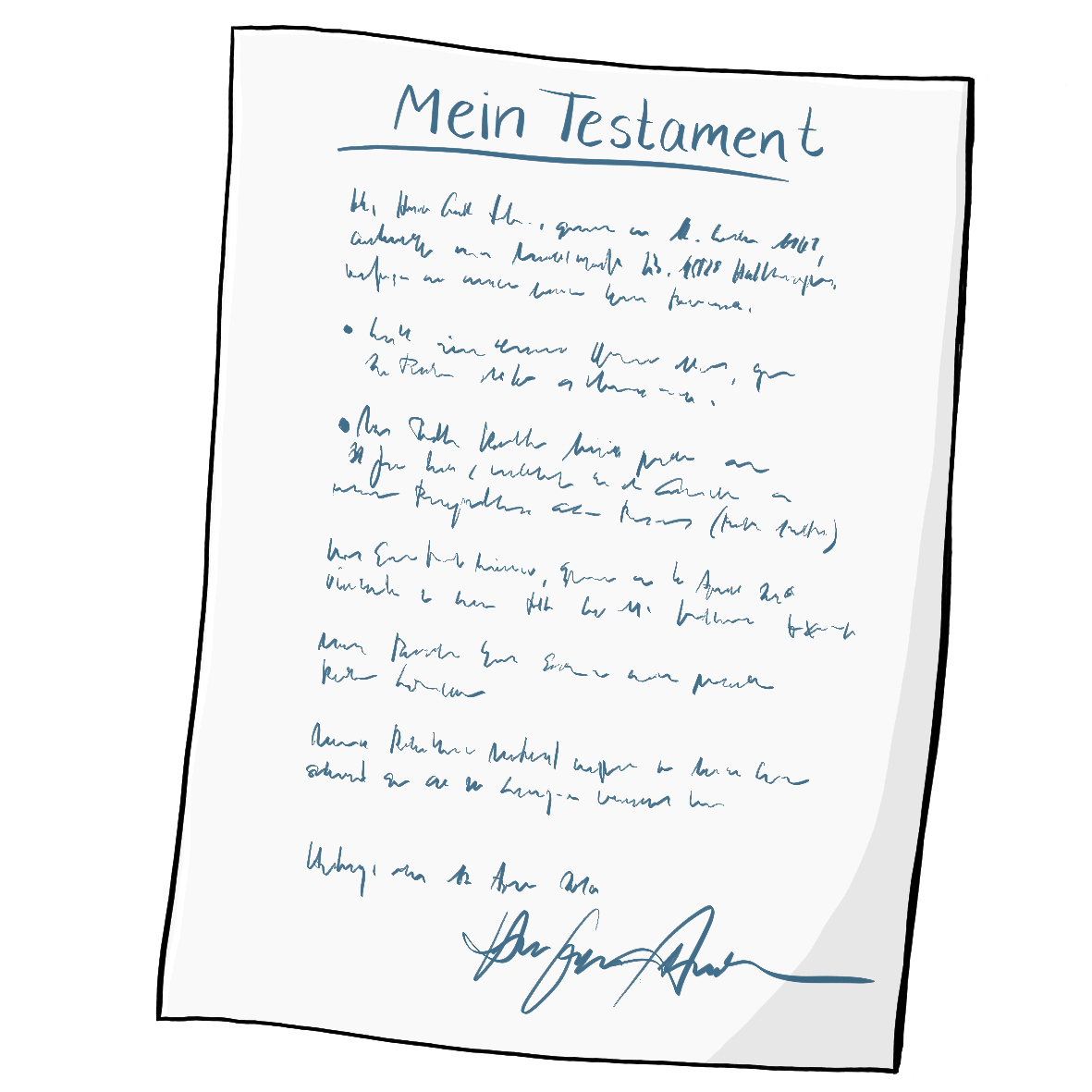 Ein Blatt Papier mit blauer Handschrift. Die Überschrift ist: Mein Testament. Das Papier ist am unteren Rand unterschrieben.