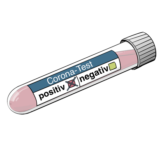 Ein Röhrchen mit Blut. Auf dem Röhrchen ist ein Schild mit der Aufschrift: Corana Test, positiv, negativ. Neben dem Wort positiv ist ein angekreuztes Kästchen.