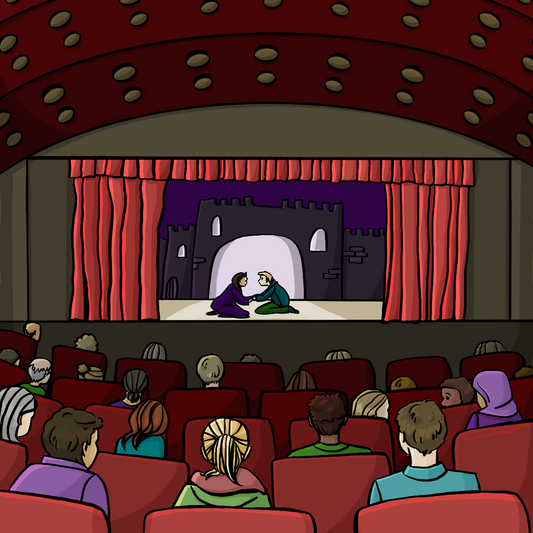 Eine Bühne mit einem roten Vorhang. Auf der Bühne sind ein Mann und eine Frau in mittelalterlichen Kostümen. Sie knien und halten sich an den Händen. Vor der Bühne sitzen Menschen in Sitzreihen.