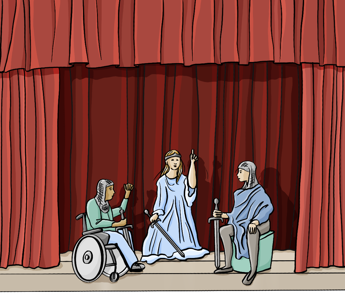 Menschen mit und ohne Behinderung stehen auf einer Bühne mit rotem Vorhang. Sie tragen mittelalterliche Kostüme und Schwerter. 
