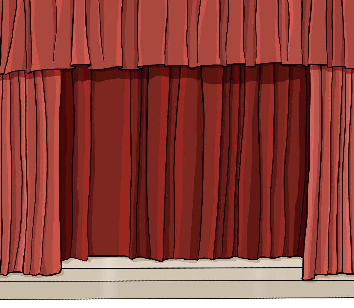 Eine Bühne mit einem roten Vorhang.