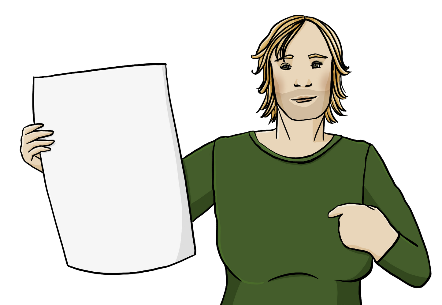Eine Person mit halblangen Haaren, langen Wimpern und Dreitagebart. Die Person zeigt auf sich. Sie hält ein leeres Plakat in der Hand.