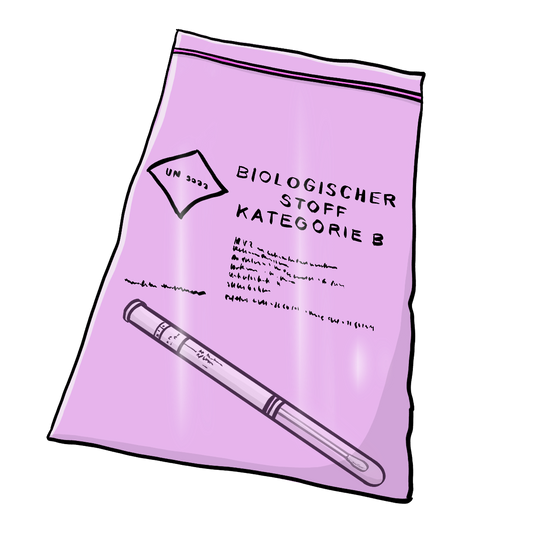 Eine durchsichtiger rosafarbener Zip-Loc-Beutel mit Aufschrift. Im Beutel ist ein Glasröhrchen.