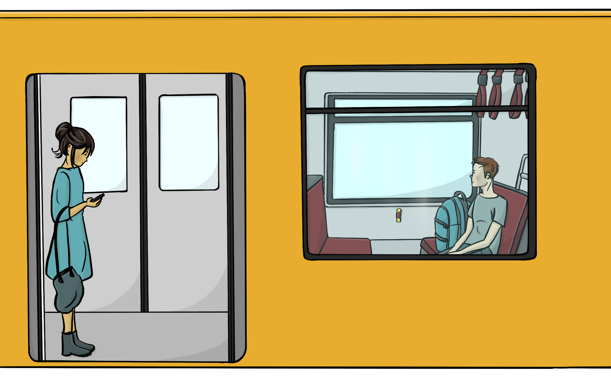 Eine U-Bahn von außen. In der U-Bahn sind nur zwei Personen. Eine Frau steht in der Tür und schaut auf ihr Handy. Ein Mann sitzt auf einem Sitz.
