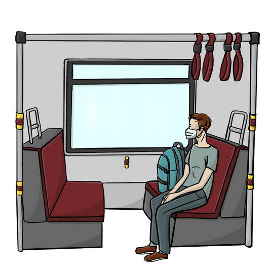 Ein Mann sitzt auf einem Sitz in einer U-Bahn oder Straßenbahn. Er trägt einen Mundschutz.