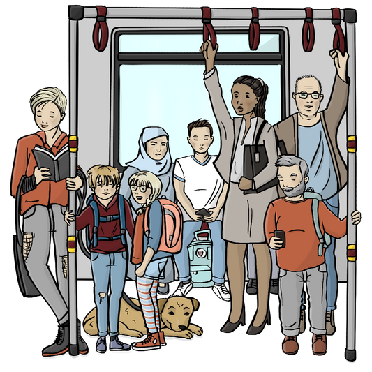 Eine U-Bahn von innen. Viele Menschen sitzen oder stehen gedrängt und halten sich an den Haltegriffen fest.