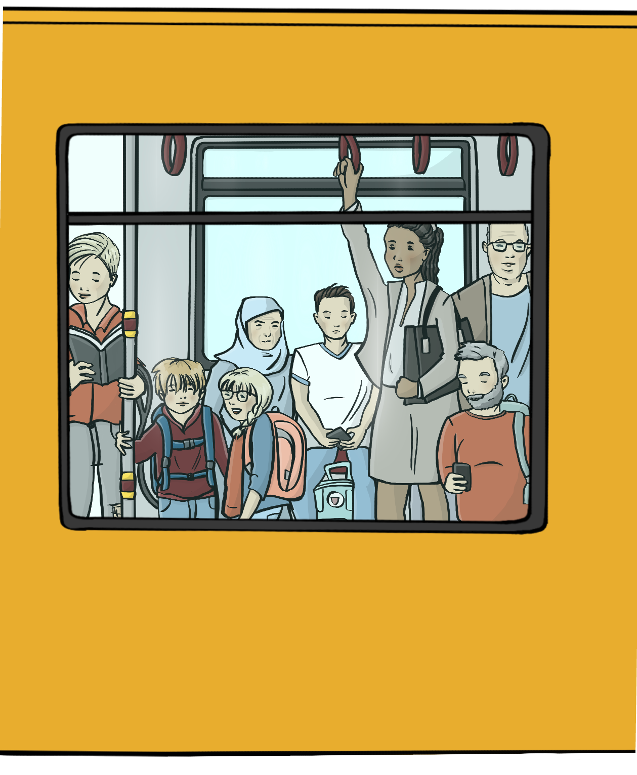 Eine U-Bahn von außen. Innen  sitzen oder stehen viele Menschen gedrängt und halten sich an den Haltegriffen fest.