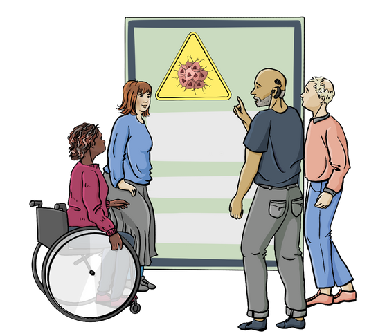 Vier erwachsene mit und ohne Behinderung vor einem großen Plakat. Alle sind einander zugewandt. Ein Mann zeigt auf das Plakat. Auf dem Plakat ist ein gelbes Dreieck mit einem Tumor.