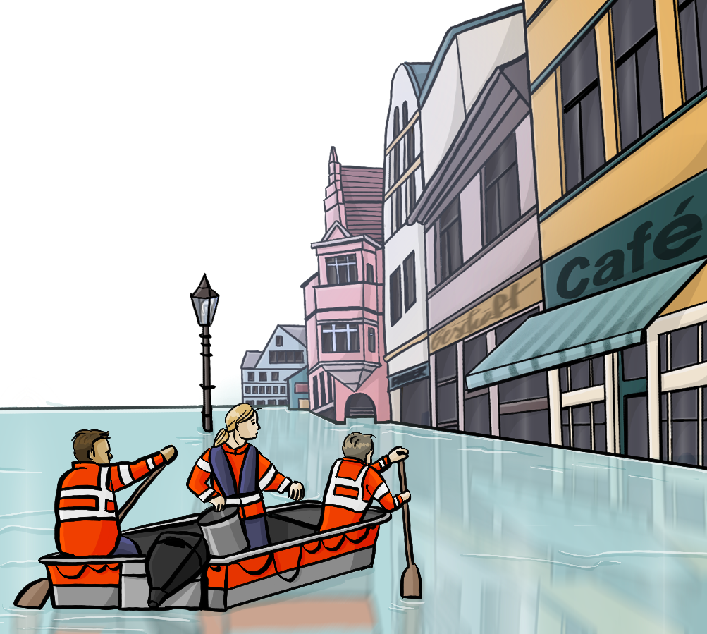 Häuser und Geschäfte, die bis zur Hälfte von Wasser bedeckt sind. Menschen in roten Jacken und Schwimmwesten fahren in einem Rettungsboot auf dem Wasser. 