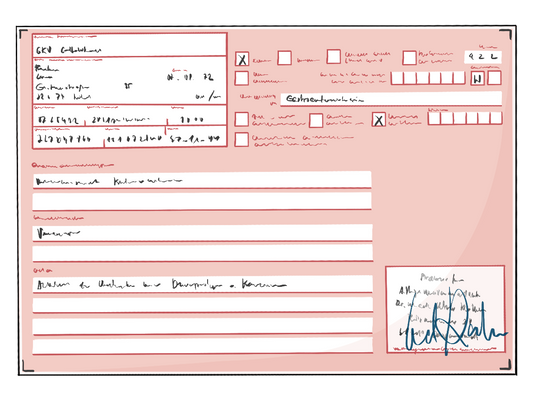 Ein rosa Zettel mit der Aufschrift: Überweisung. Auf dem Zettel sind verschiedene weiße Felder mit nicht lesbarer Schrift.