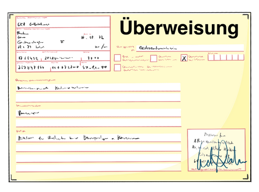 Ein gelber Zettel mit der Aufschrift: Überweisung. Auf dem Zettel sind verschiedene weiße Felder mit nicht lesbarer Schrift.