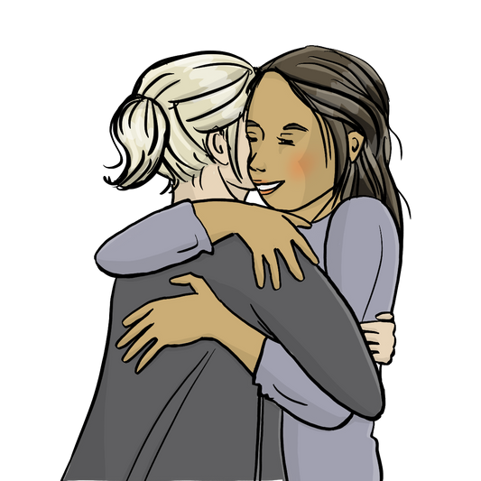 Zwei Frauen umarmen sich.