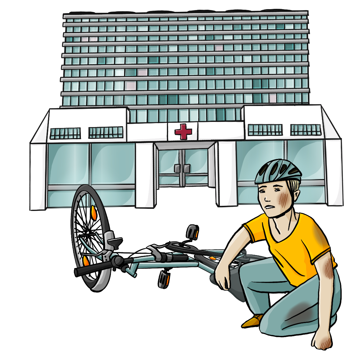 Ein Fahrrad liegt auf dem Boden. Daneben kniet ein Mann mit Fahrradhelm. Er hat Flecken an der Hose und Schrammen an Hand, Ellbogen und Wange. Im Hintergrund ist ein Krankenhaus.