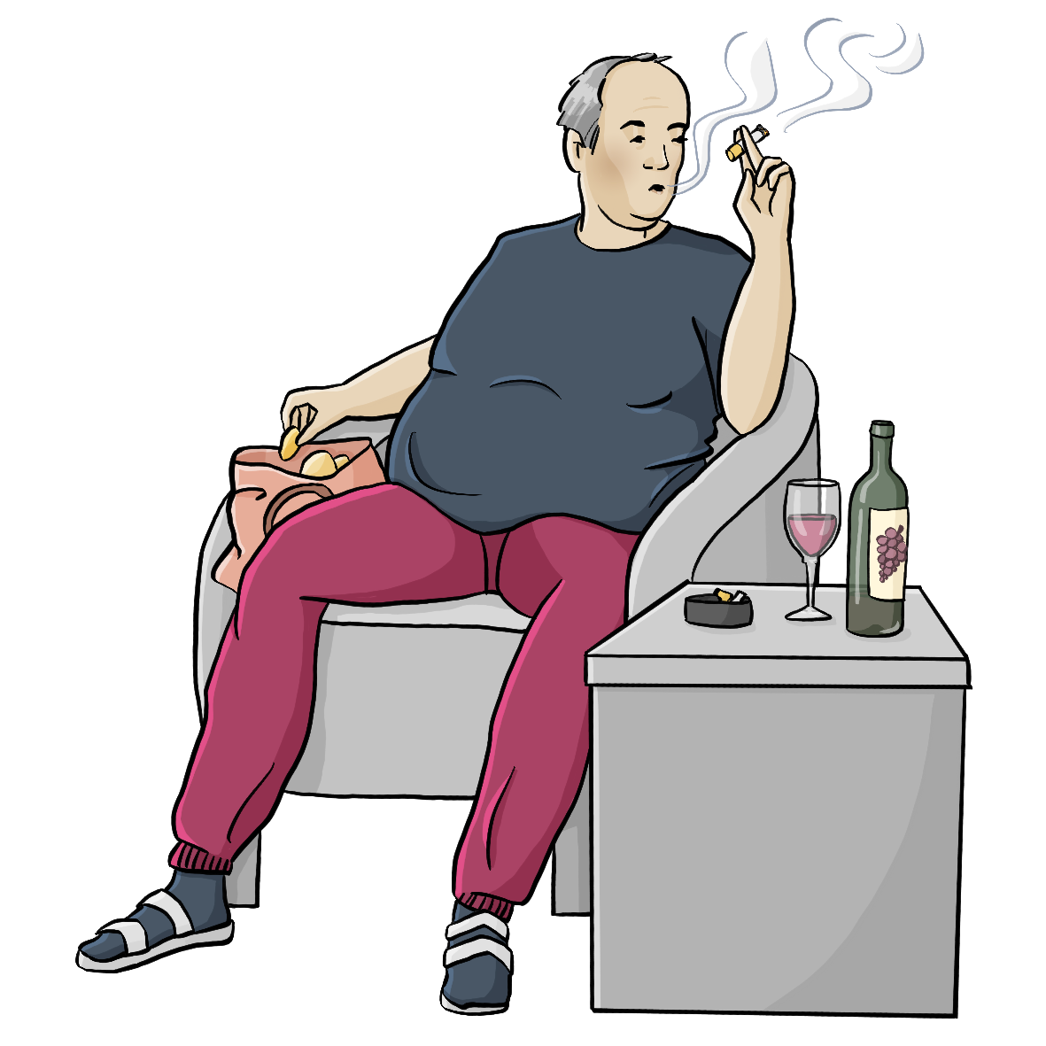 Ein älterer, dicker Mann sitzt auf einem Sessel und raucht. Neben ihm steht eine Chipstüte. Auf einem Tisch neben dem Sessel stehen ein voller Aschenbecher, eine Weinflasche und ein Glas Wein. 
