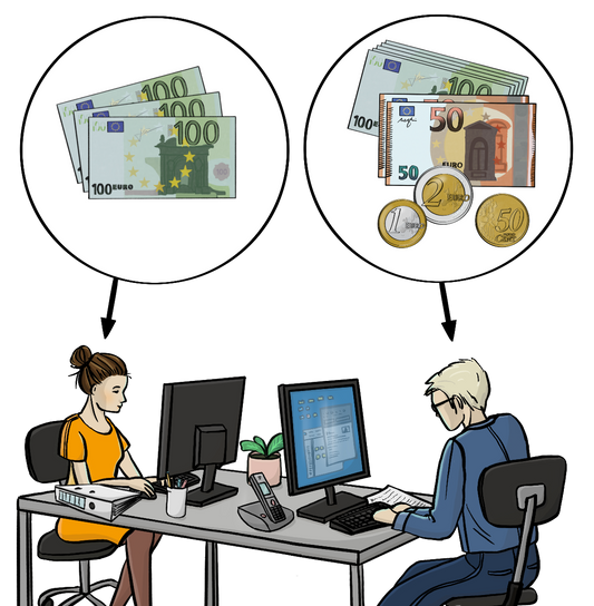 Ein Mann und eine Frau sitzen sich an Schreibtischen gegenüber und arbeiten am Computer. Über der Frau ist ein Kreis mit Geld. Ein Pfeil zeigt von dem Geld auf die Frau. Über dem Mann ist ein Kreis mit mehr Geld. Ein Pfeil zeigt von dem Geld auf den Mann.