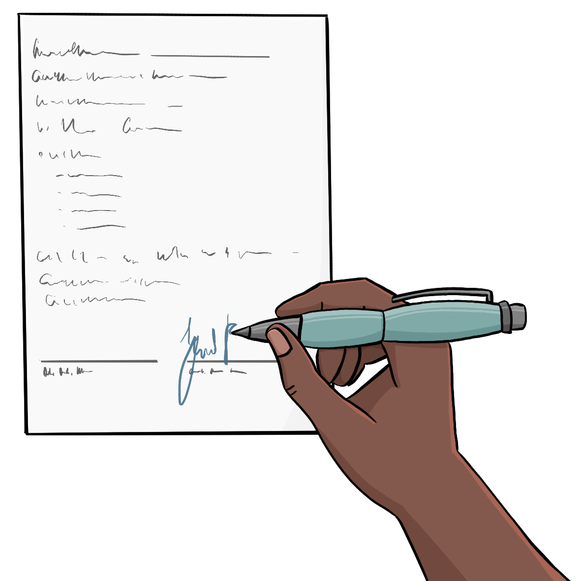Eine Hand unterschreibt mit einem Kugelschreiber ein Dokument.