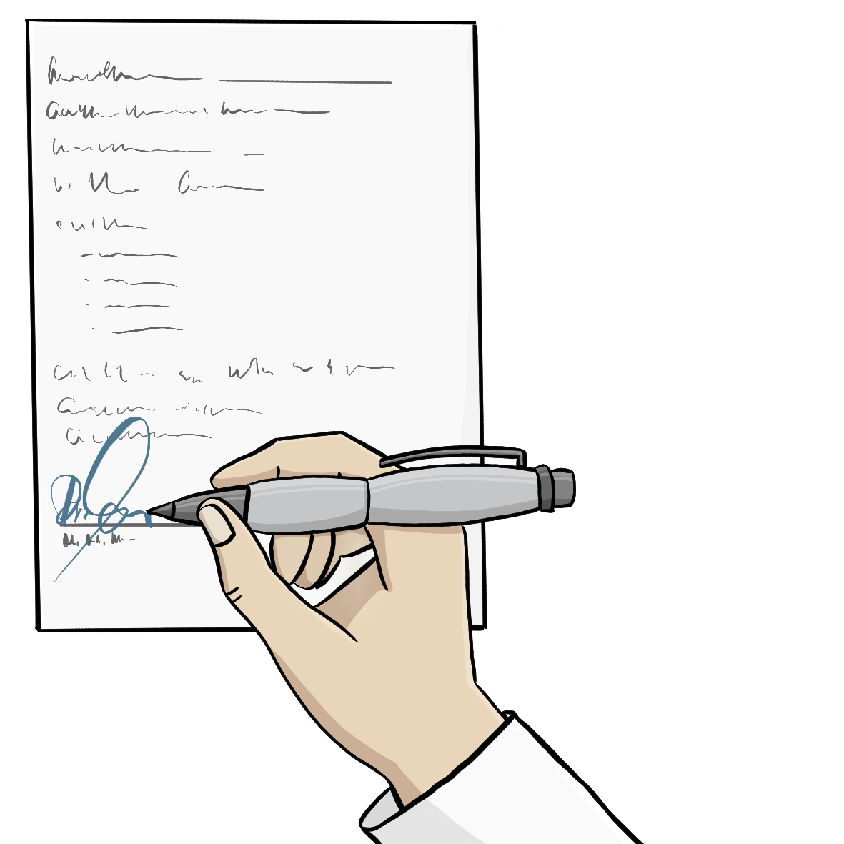 Eine Hand in einem weißen Ärmel unterschreibt mit einem Kugelschreiber ein Dokument.