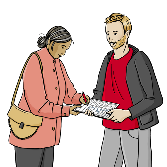 Ein Mann hält ein Klemmbrett mit einer Liste in der Hand. Eine ältere Frau mit Handtasche unterschreibt auf der Liste. 
