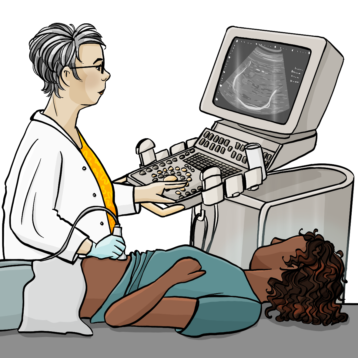 Eine Ärztin hält den Schallkopf von einem Ultraschallgerät auf den Bauch von einer Frau. Mit der anderen Hand drückt sie Knöpfe vom Ultraschallgerät. Beide schauen auf den Bildschirm.