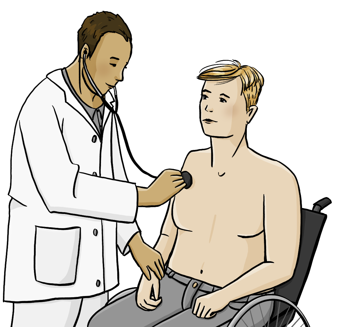 Ein Arzt hält ein Stethoskop an die Brust eines Mannes.