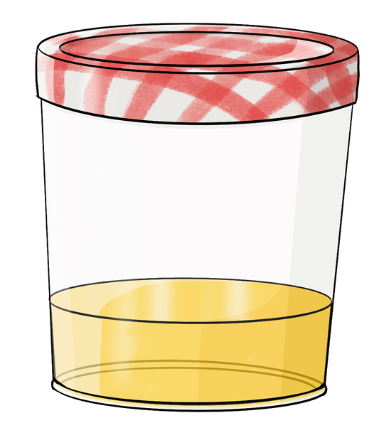 Ein zugeschraubtes Glas mit rotem Deckel. In dem Glas ist eine gelbe Flüssigkeit. 