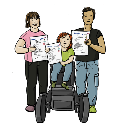 Zwei Frauen und ein Mann halten ein DinA4 Blatt hoch. Eine von den Frauen hat das Downsyndrom, eine sitzt im Elektrorollstuhl.