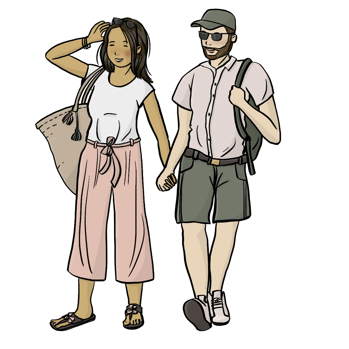 Ein Mann und eine Frau halten sich an der Hand. Sie tragen leichte Sommerkleidung. Der Mann hat eine Sonnenbrille und einen Rucksack auf, die Frau trägt eine Korbtasche. 