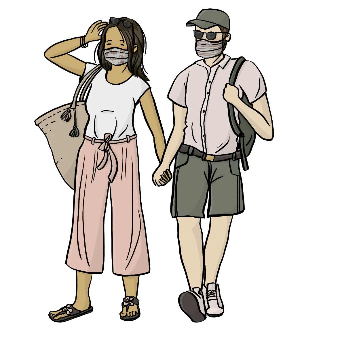 Ein Mann und eine Frau halten sich an der Hand. Sie tragen leichte Sommerkleidung. Der Mann hat eine Sonnenbrille und einen Rucksack auf, die Frau trägt eine Korbtasche. Beide tragen einen Mundschutz. 