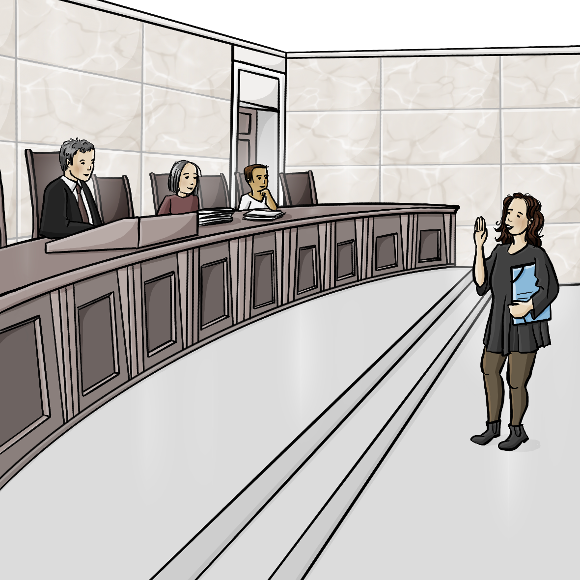 Eine Frau steht in einem Gerichtssaal. Sie hält eine Mappe unter dem Arm und streckt eine Hand in die Höhe. Hinter dem Richtertisch sitzen drei Richter und Richterinnen. 