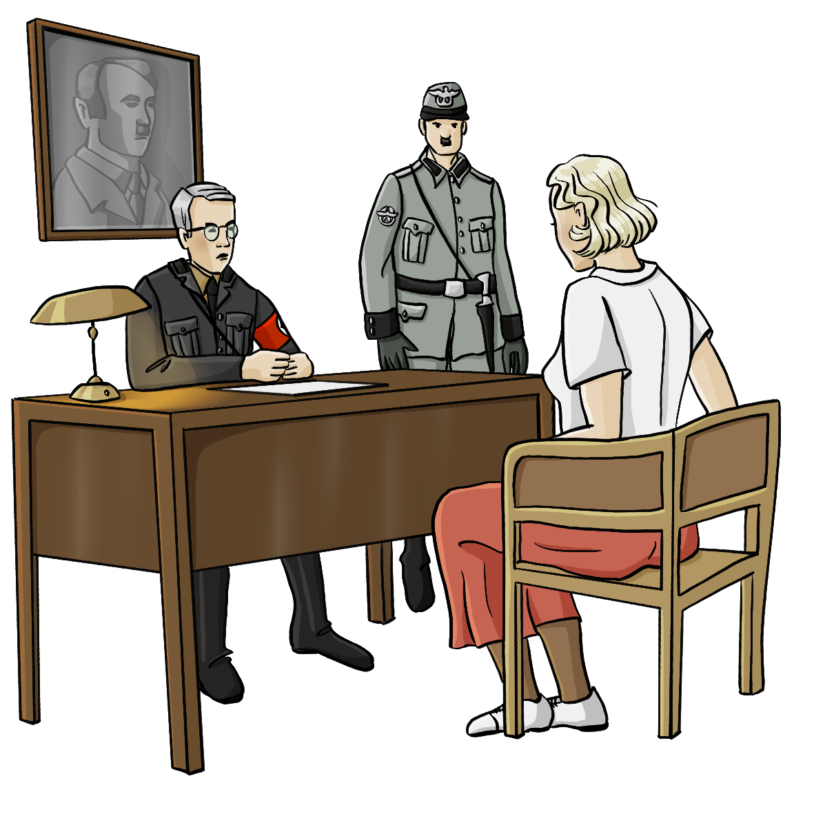 Ein Mann mit einer roten Binde am Arm sitzt hinter einem Schreibtisch. Neben ihm steht ein Mann in der Polizeiuniform der Nationalsozialisten. Vor dem Schreibtisch sitzt eine Frau auf einem Stuhl. Die Männer schauen streng, die Frau hält den Kopf gesenkt.