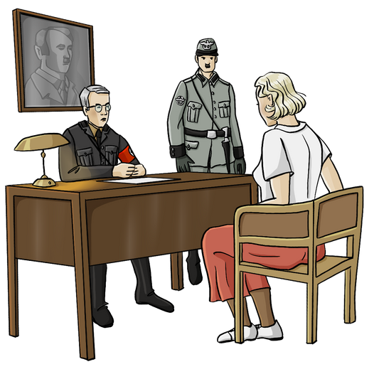 Ein Mann mit einer roten Binde am Arm sitzt hinter einem Schreibtisch. Neben ihm steht ein Mann in der Polizeiuniform der Nationalsozialisten. Vor dem Schreibtisch sitzt eine Frau auf einem Stuhl. Die Männer schauen streng, die Frau hält den Kopf gesenkt.