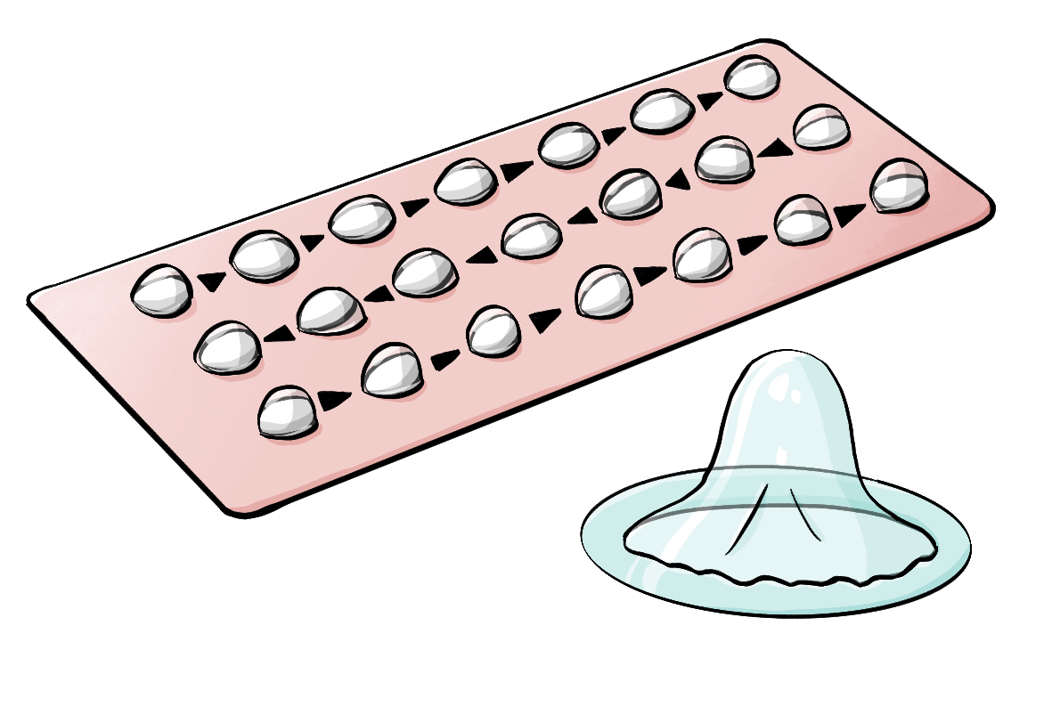 Ein Blister mit Tabletten und ein Kondom.