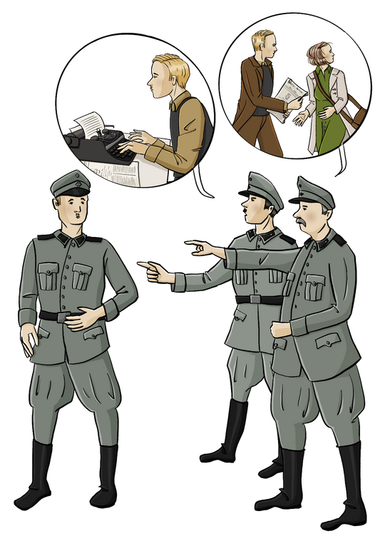 Zwei Polizisten zeigen auf einen anderen Polizisten. Alle tragen Uniformen aus der NS-Zeit. Über dem Bild sind zwei Kreise. In dem einen Kreis schreibt der dritte Polizist auf einer Schreibmaschine. Im zweiten Kreis gibt er Zettel an eine Frau. In den Kreisen trägt der Polizist Alltagskleidung der 30er Jahre.