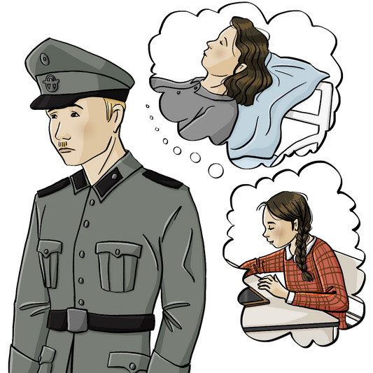 Ein Mann mit einer Polizeiuniform aus der Zeit des Nationalsozialismus. Er schaut besorgt. Neben ihm sind 2 Gedankenblasen. In der einen Blase liegt eine Frau in einem Pflegebett. In der anderen Blase sitzt ein Mädchen am Tisch und schreibt.