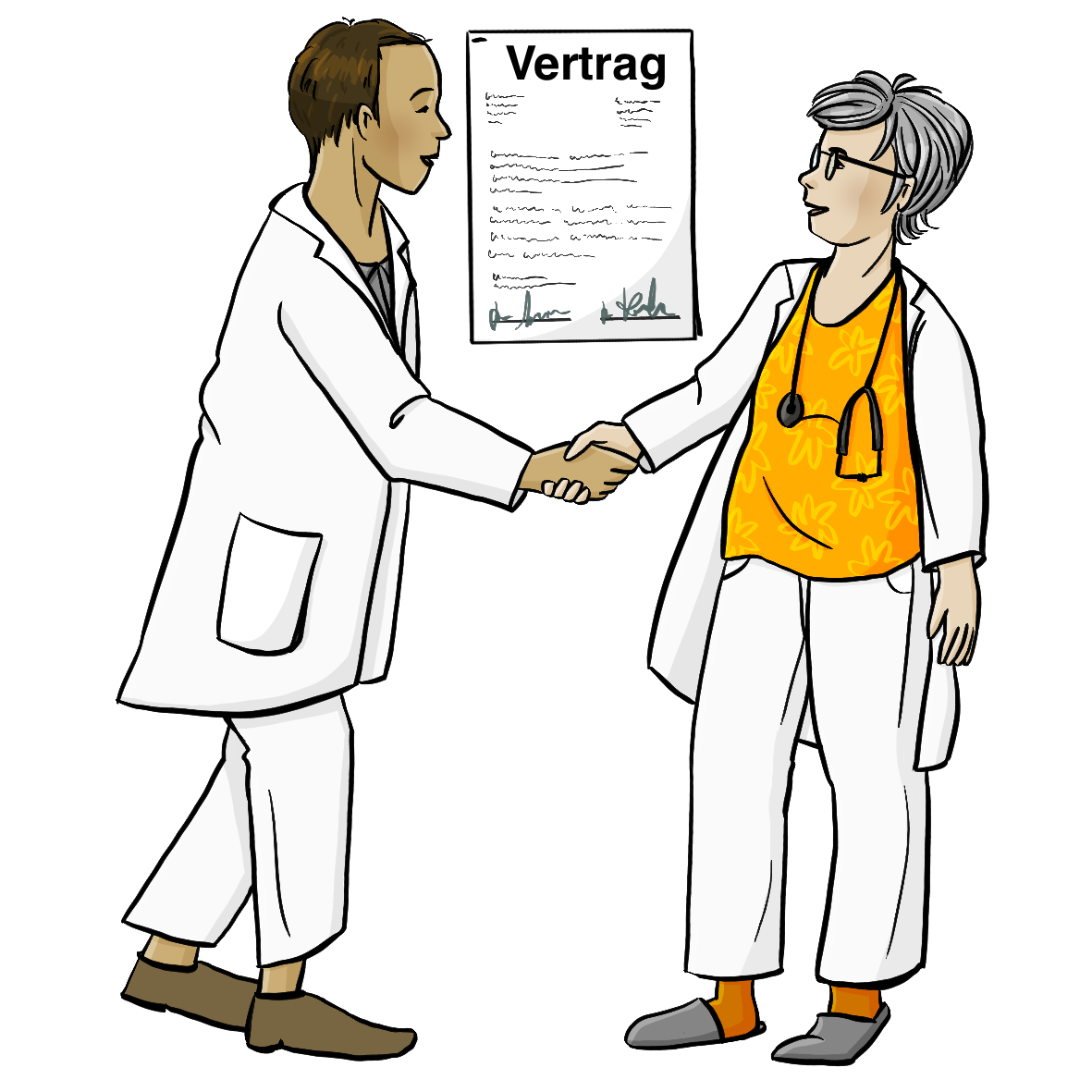 Ein Arzt und eine Ärztin geben sich die Hand. Zwischen den Beiden ist ein Zettel mit der Aufschrift: Vertrag. Unten auf dem Zettel sind Unterschriften. 
