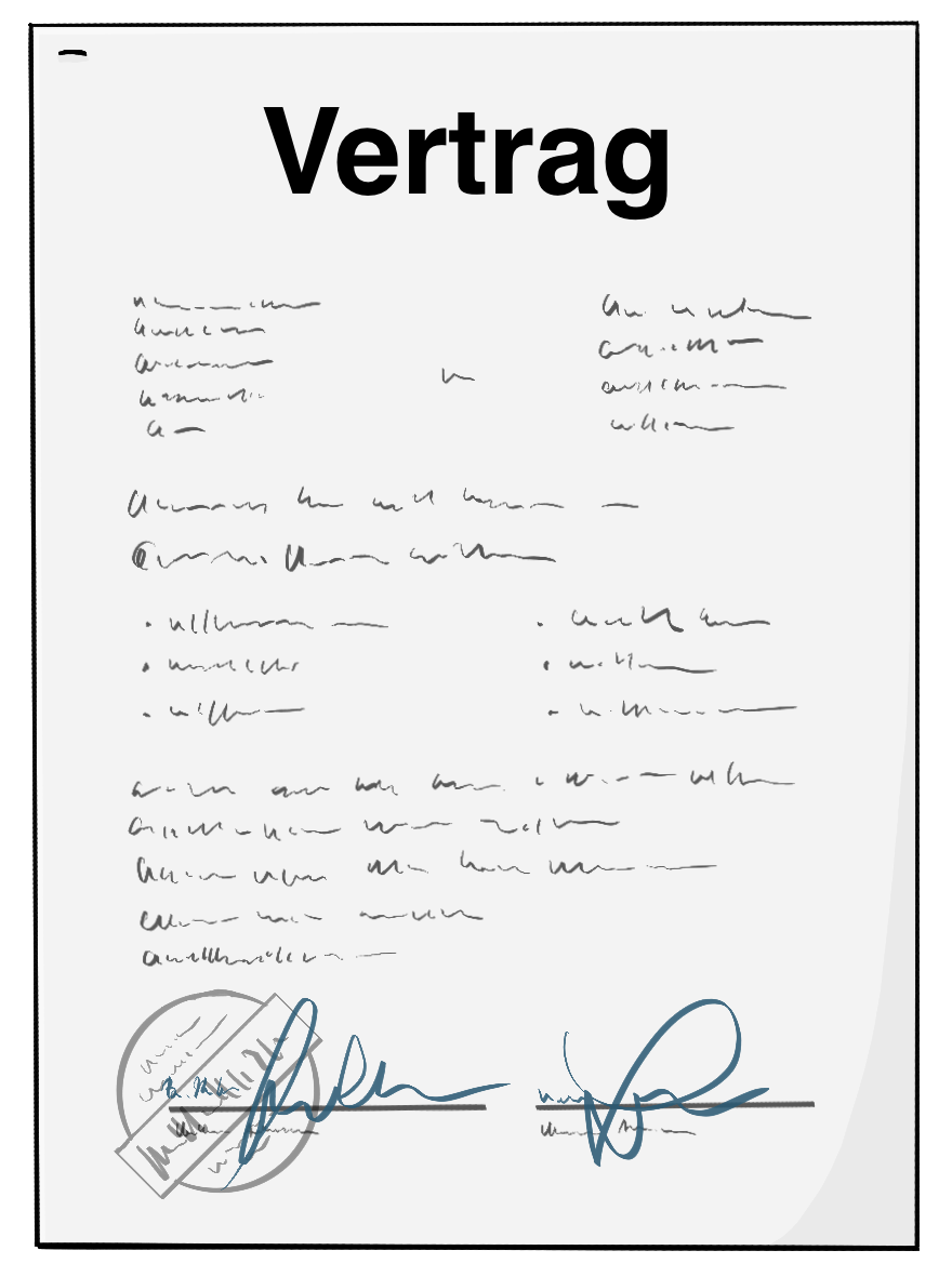 Ein Zettel mit der Aufschrift: Vertrag. Unten auf dem Zettel sind Unterschriften. 