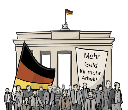 Eine Menschenmenge steht vor dem Brandenburger Tor. Sie halten eine Deutschlandfahne und ein Schild mit der Aufschrift: Mehr Geld für mehr Arbeit.