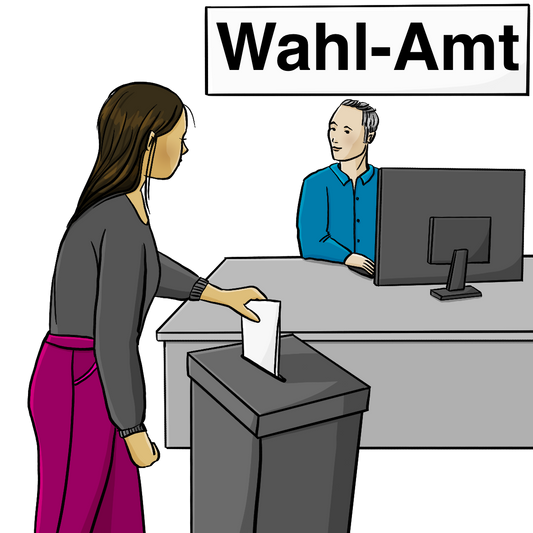 Ein Mann sitzt hinter einem Schreibtisch. Über ihm hängt ein Schild mit der Aufschrift: Wahl-Amt. Vor dem Schreibtisch steht ein Behälter. Eine Frau steckt einen Zettel in den Behälter.